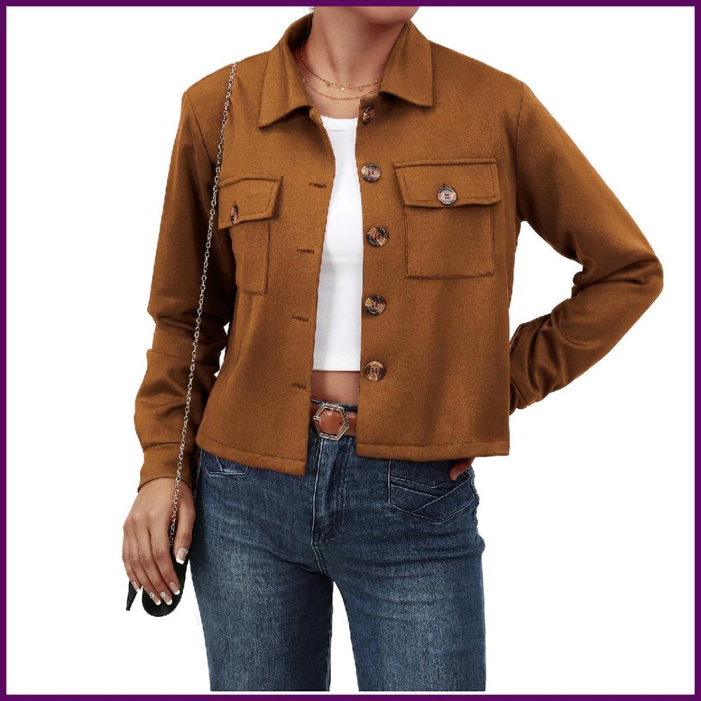 Faux Suede Cropped Shacket Jacket Button Down Fal… - image 1